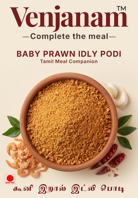 Venjanam Baby Prawn Idly Podi with a bowl of spice mix on a beige background