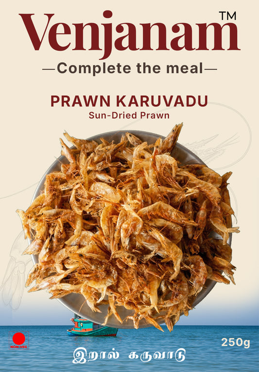 Prawn Karuvadu packaging with 'Venjanam' branding on a beige background