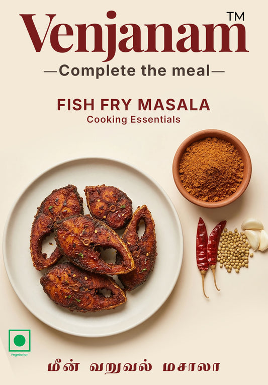 Fish fry masala with spices on a plate, branded as Venjanam.