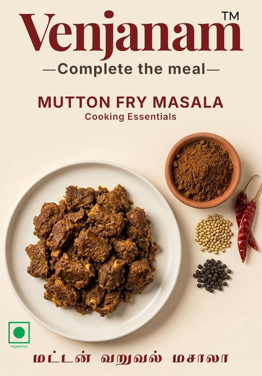 Mutton fry masala with spices on a plate, branded as Venjanam.