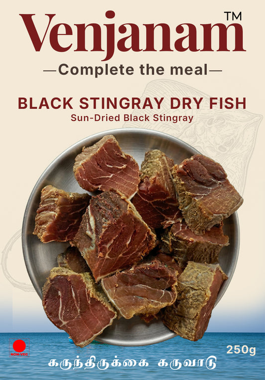 Venjanam Black Stingray Dry Fish packaging with sun-dried fish pieces in a bowl.
