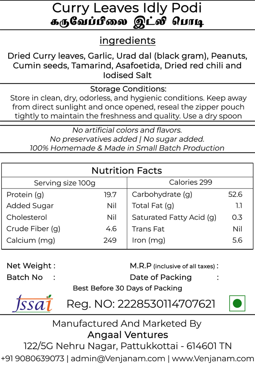 Food packaging for "Curry Leaves Idly Podi" with nutritional information, ingredients, and branding.