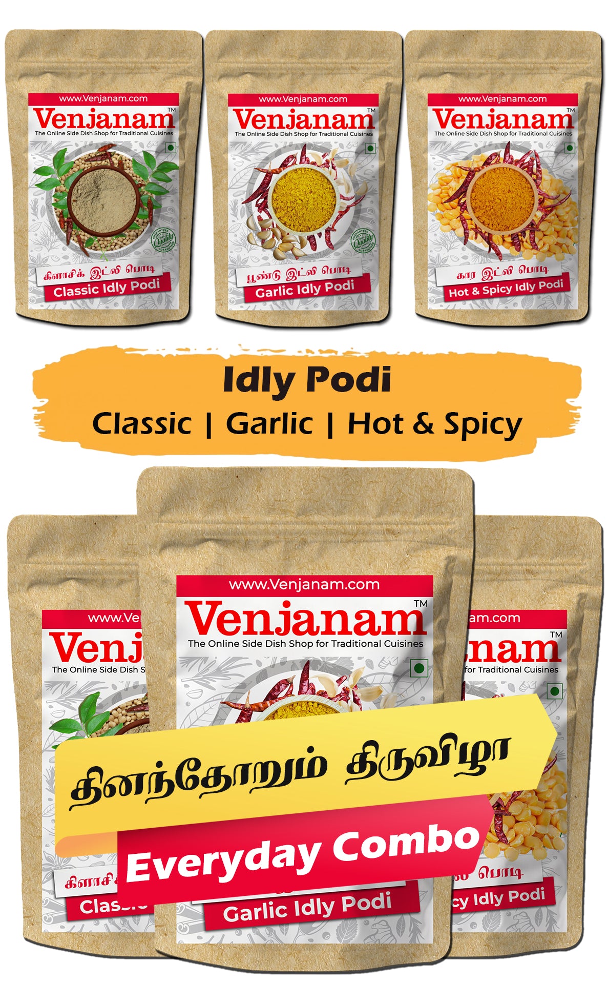 Venjanam Idly Podi packages with labels for Classic, Garlic, Hot & Spicy, and Everyday Combo.