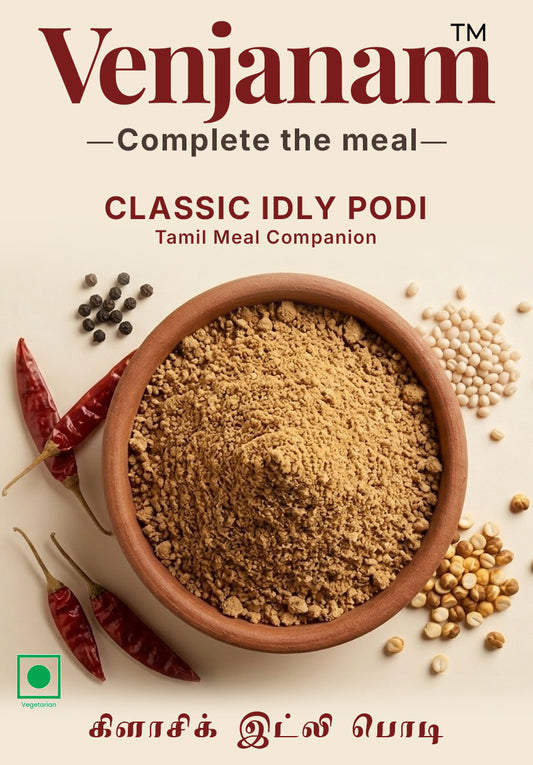 Venjanam Classic Idly Podi with ingredients on a beige background