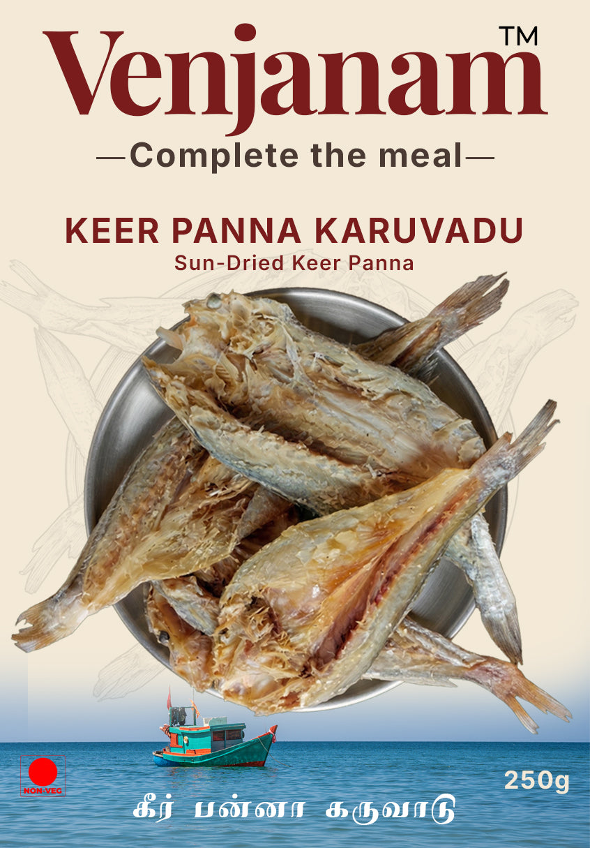 Advertisement for Venjanam Keer Panna Karuvadu with sun-dried fish on a plate.