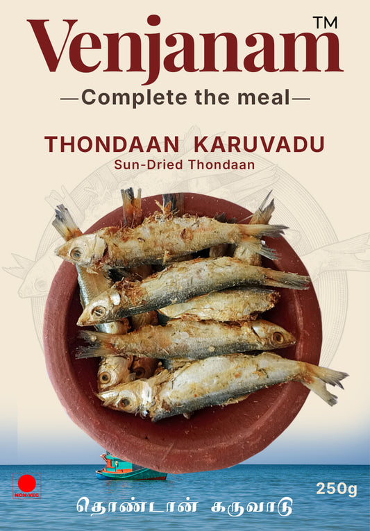 Product packaging of Venjanam Thondaan Karuvadu with sun-dried thondaan fish.