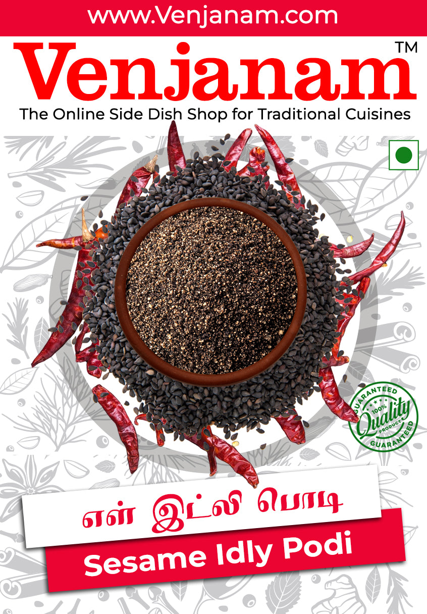 An overhead shot showcasing "Sesame Idly Podi" from Venjanam, surrounded by black sesame seeds, dried red chilies, and a "Guaranteed Quality" seal against a light background.