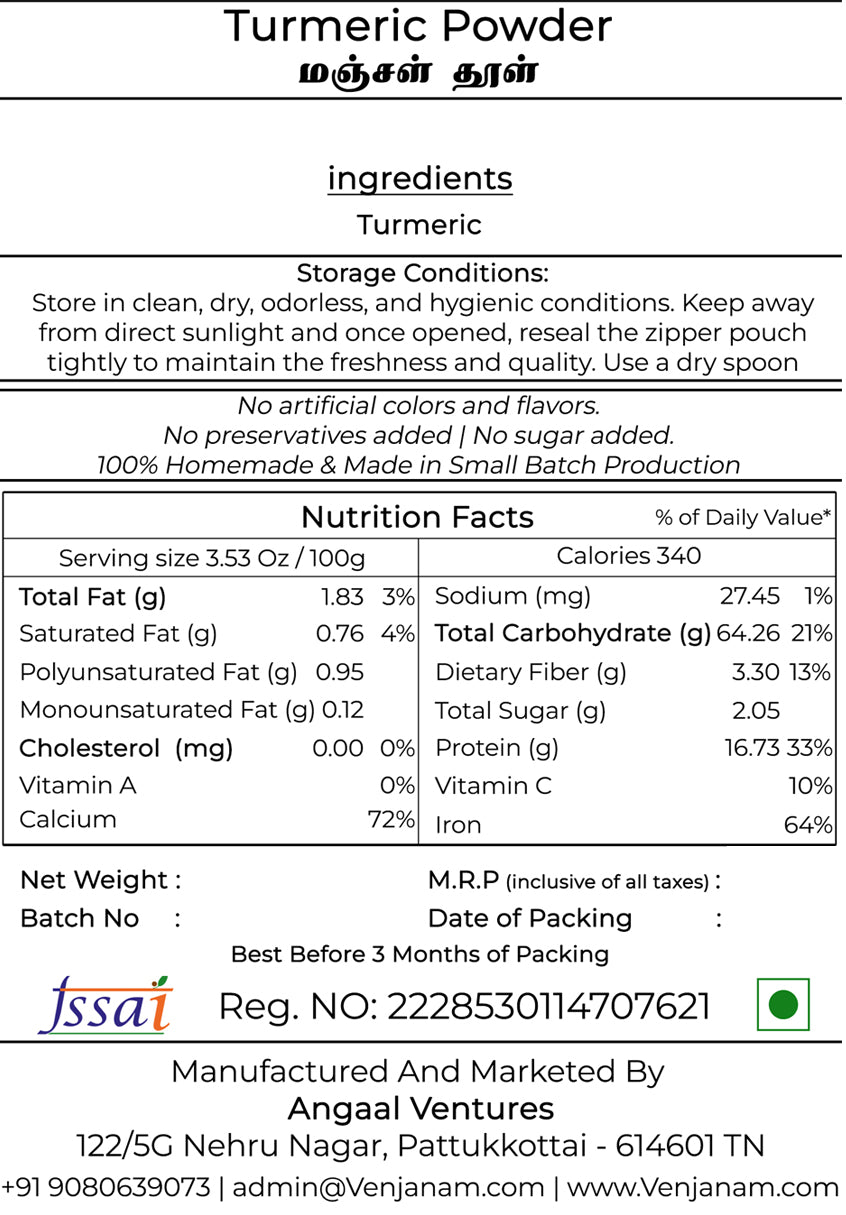Turmeric powder packaging with nutrition facts and company details.
