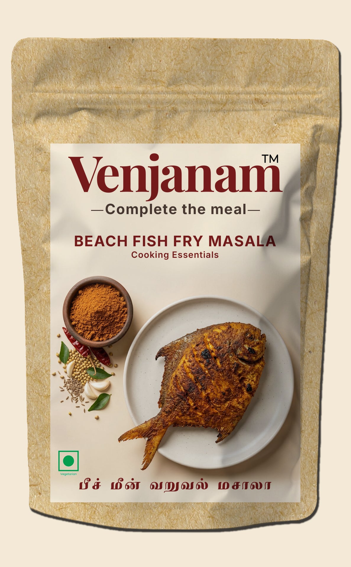 Venjanam Beach Fish Fry Masala packaging with fish and spices on a beige background