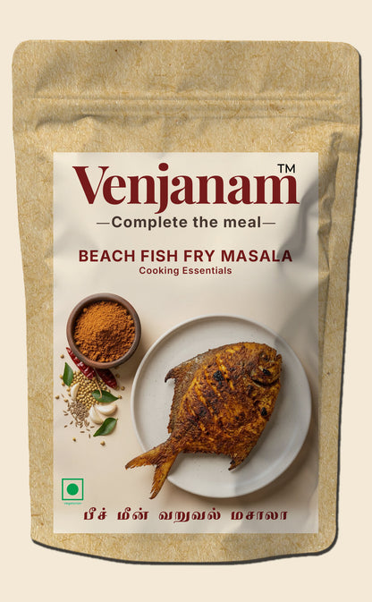 Venjanam Beach Fish Fry Masala packaging with fish and spices on a beige background