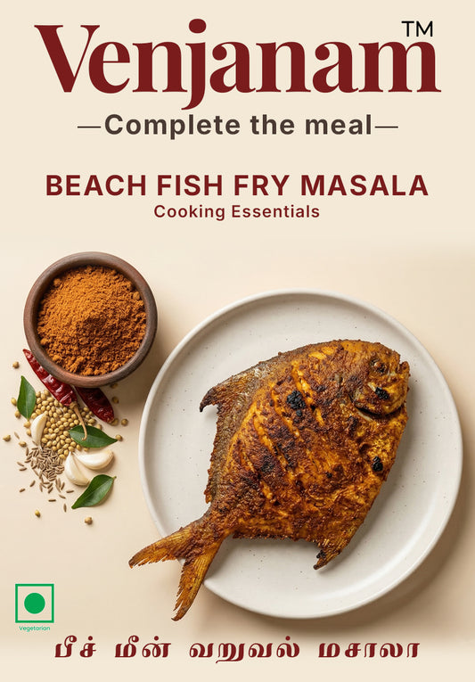 Venjanam Beach Fish Fry Masala packaging with a fish on a plate and spices around.