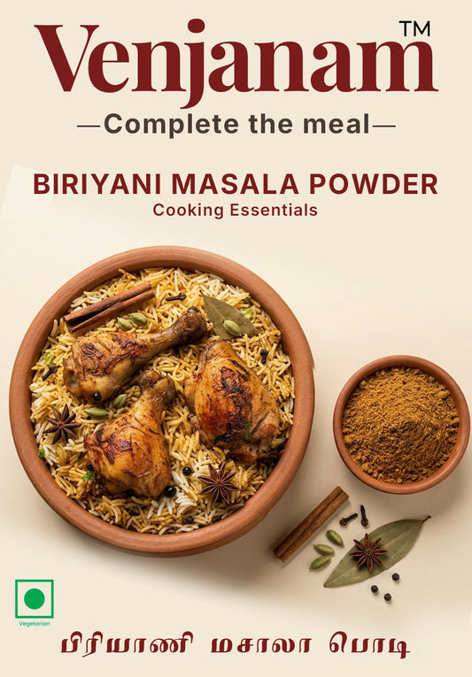 Biryani masala powder packaging with biriyani dish and spices on a beige background
