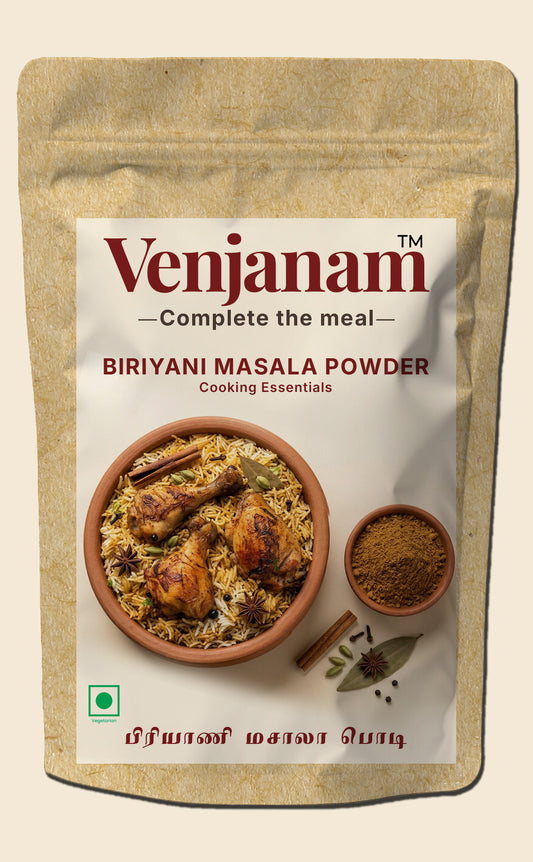 Venjanam Biryani Masala Powder packaging with a bowl of biriyani and spices on a beige background