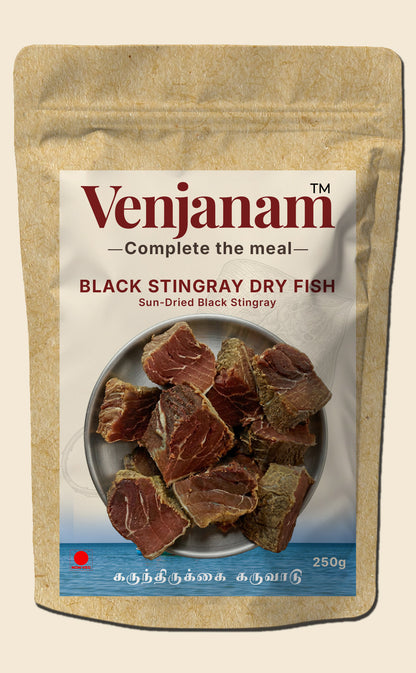 Venjanam Black Stingray Dry Fish packaging on a beige background