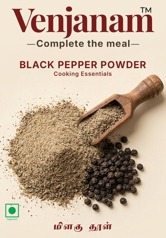 Black pepper powder with a wooden scoop on a beige background, branded as Venjanam.