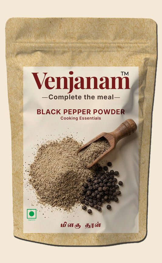 Venjanam black pepper powder packaging with a scoop of pepper on a beige background