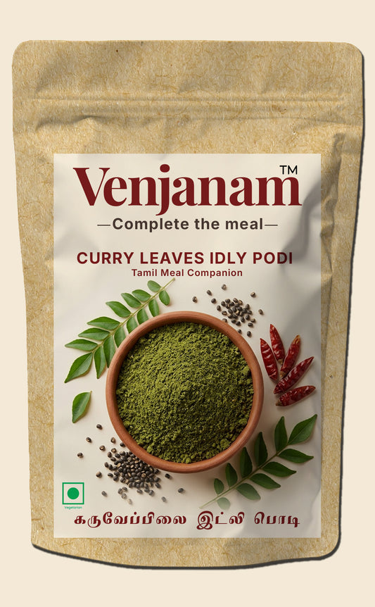 Venjanam Curry Leaves Idly Podi packaging with a beige background