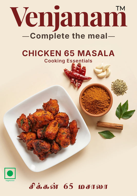 Venjanam Chicken 65 Masala packaging with chicken pieces, spices, and a bowl of spice mix on a beige background.