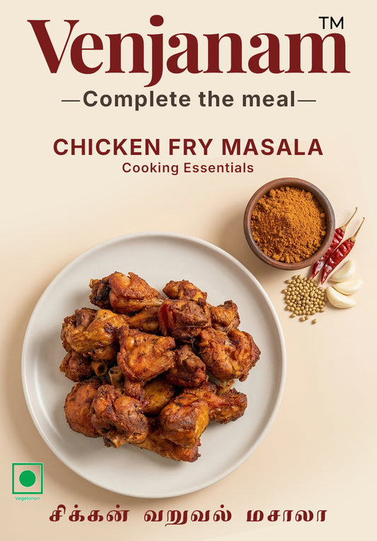Venjanam Chicken Fry Masala packaging with chicken wings and spices on a beige background