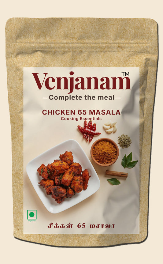 Venjanam Chicken 65 Masala packaging with text and images on a beige background
