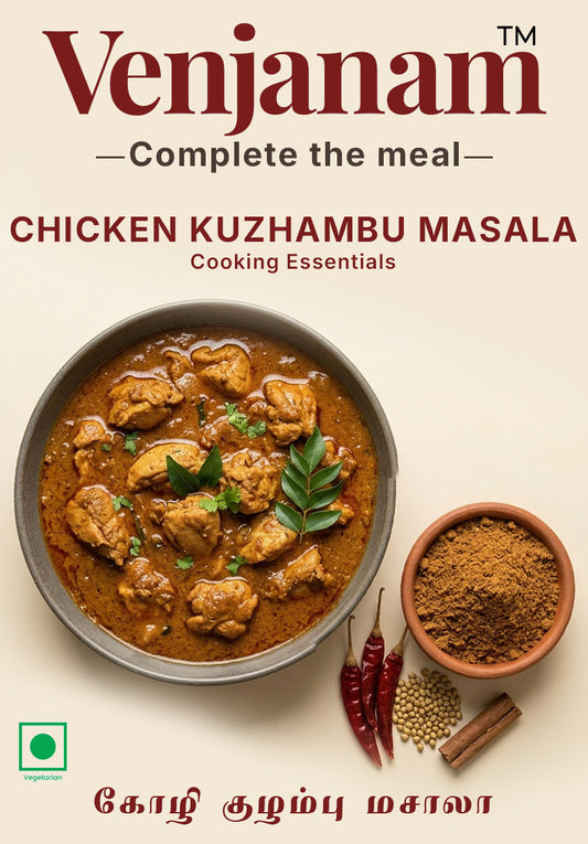 Venjanam Chicken Kuzhambu Masala packaging with chicken curry and spices on a beige background