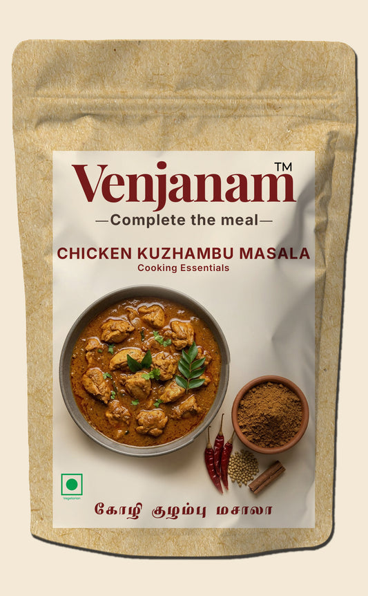 Venjanam Chicken Kuzhambu Masala packaging on a beige background