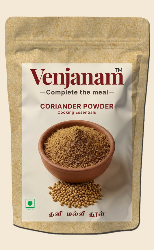 Venjanam coriander powder packaging with a bowl of powder and coriander seeds on a beige background