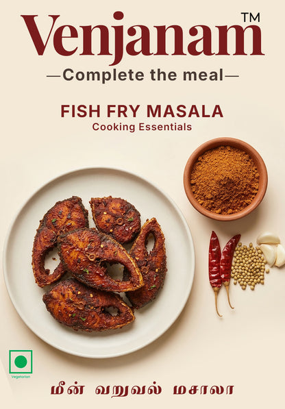 Fish fry masala with spices on a plate, branded as Venjanam.