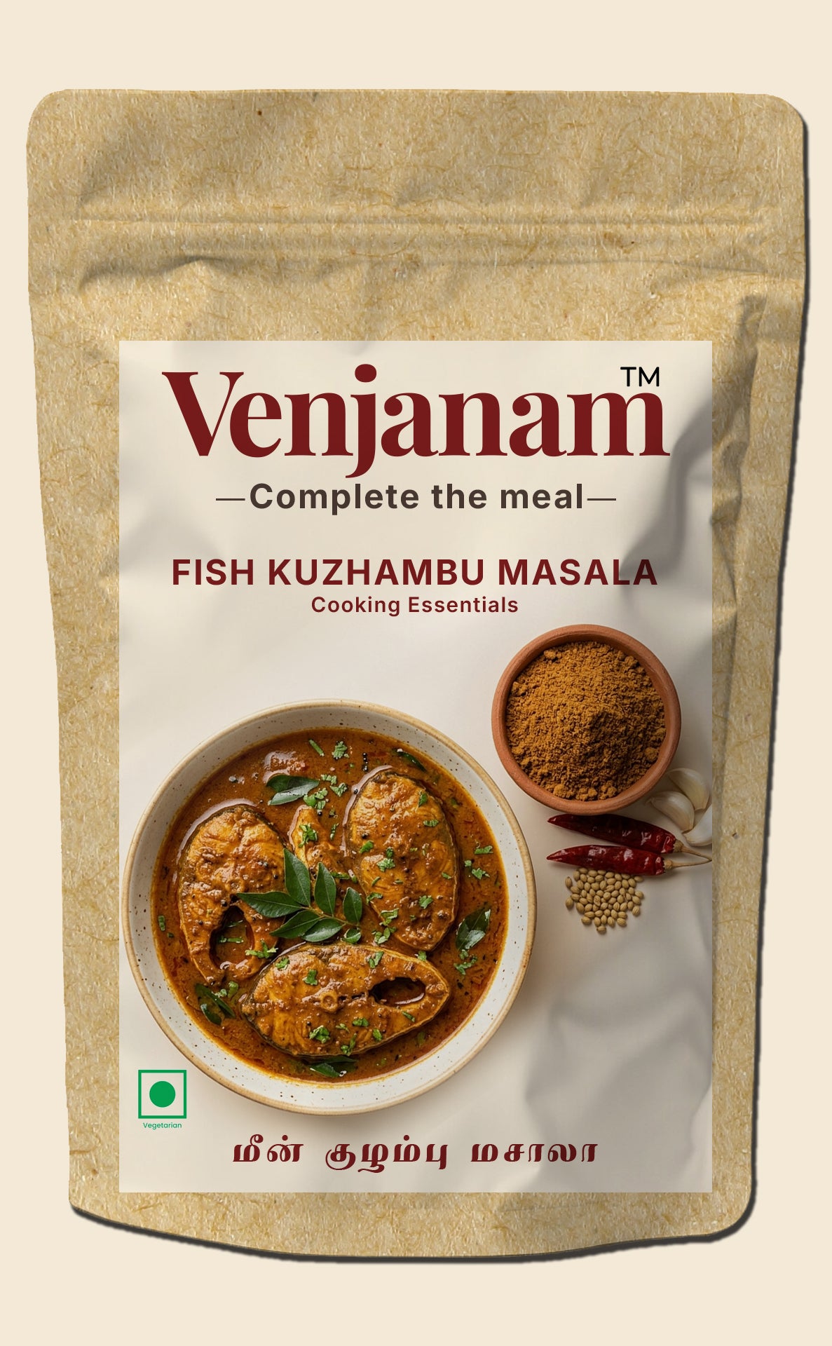 Venjanam Fish Kuzhambu Masala packaging with a bowl of curry and spices on a beige background