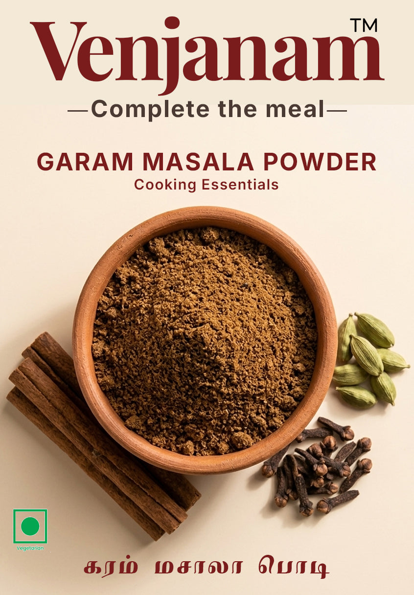 Venjanam Garam Masala Powder packaging with a bowl of powder, cinnamon sticks, and cardamom pods on a beige background.