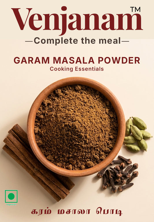 Venjanam Garam Masala Powder packaging with a bowl of powder, cinnamon sticks, and cardamom pods on a beige background.