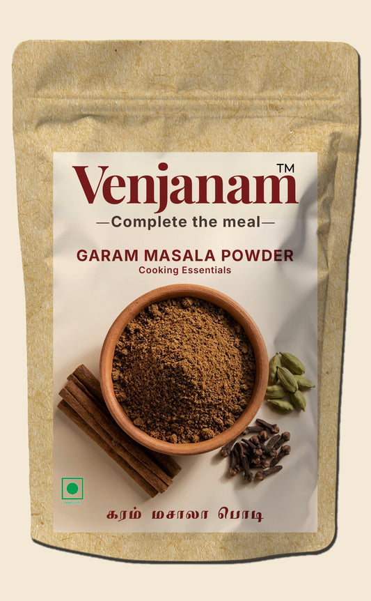 Venjanam Garam Masala Powder packaging with a bowl of powder, cinnamon stick, and cardamom on a beige background.