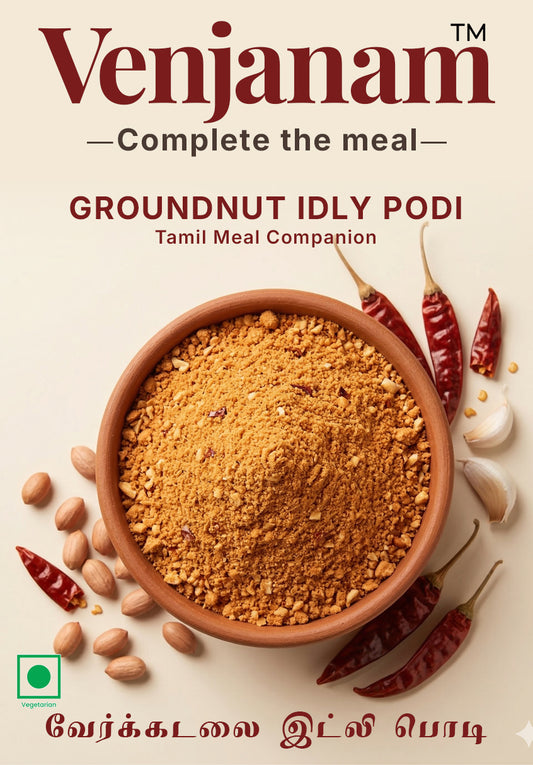 Venjanam Groundnut Idly Podi with ingredients on a beige background