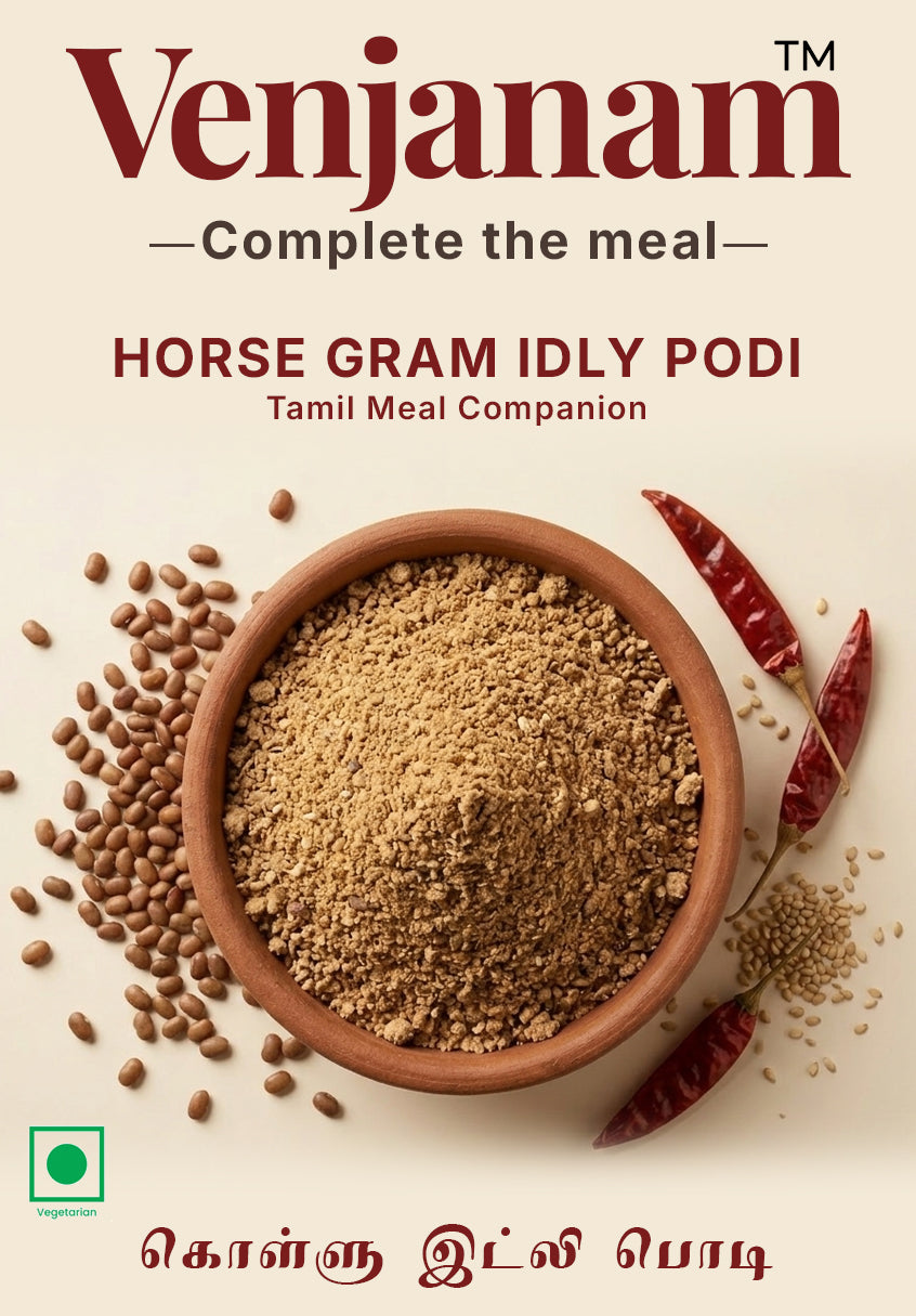 Horse gram idly podi with ingredients on a beige background, featuring the brand 'Venjanam'.