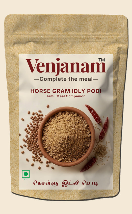 Venjanam horse gram idly podi packaging on a beige background