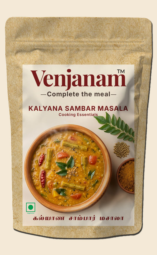 Venjanam Kalyana Sambar Masala packaging with a bowl of sambar and spices on a beige background