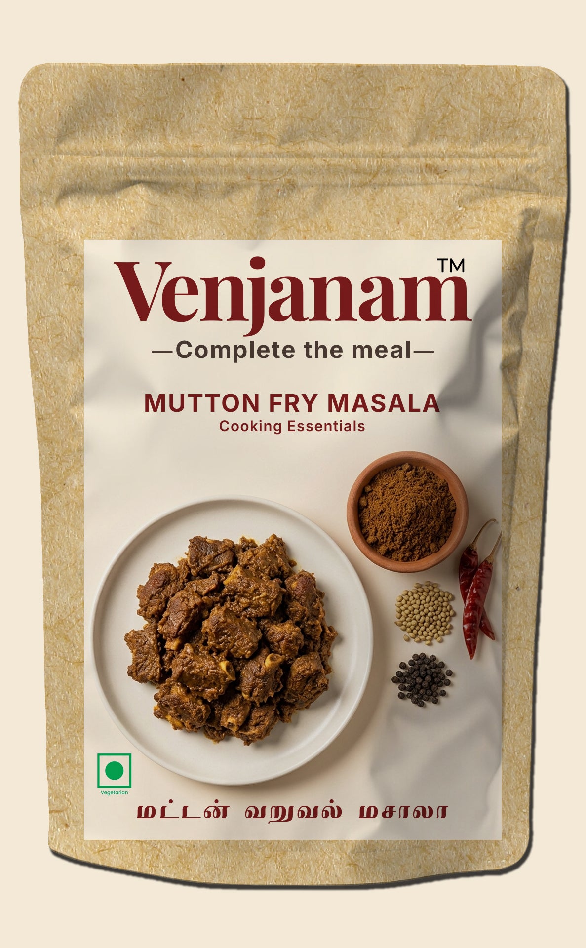 Venjanam Mutton Fry Masala packaging with ingredients on a beige background