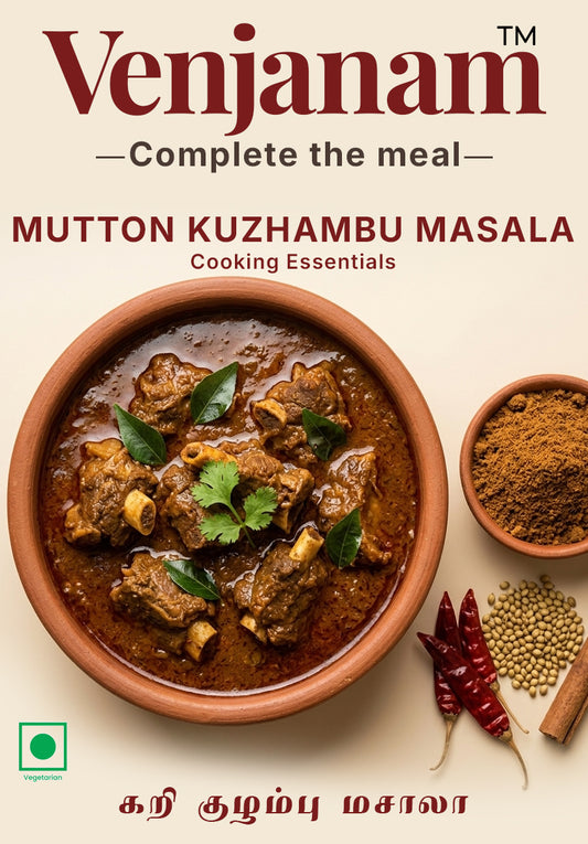 Mutton Kuzhambu Masala with spices on a beige background, featuring the brand 'Venjanam'.