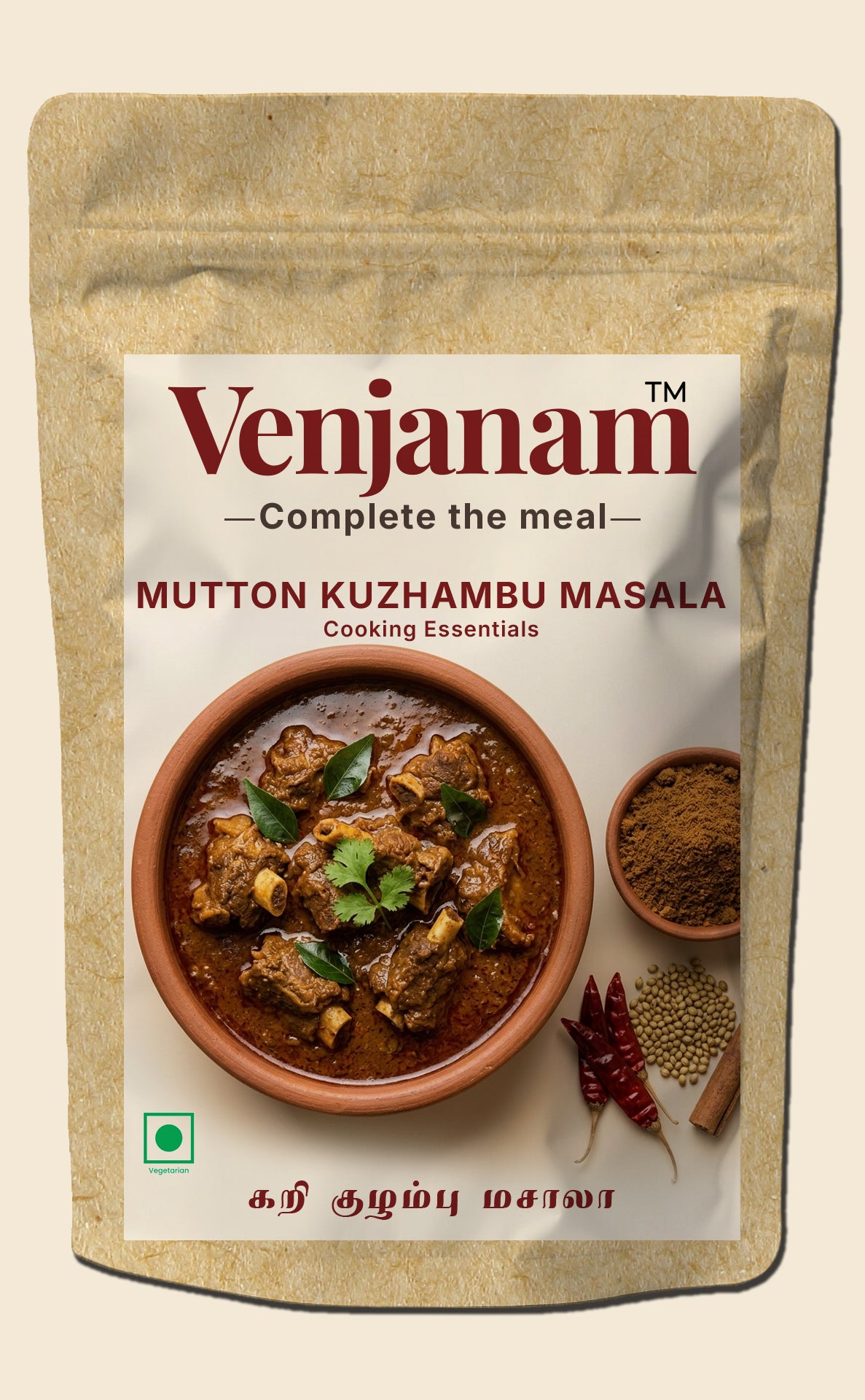 Venjanam Mutton Kuzhambu Masala packaging with a bowl of curry and spices on a beige background