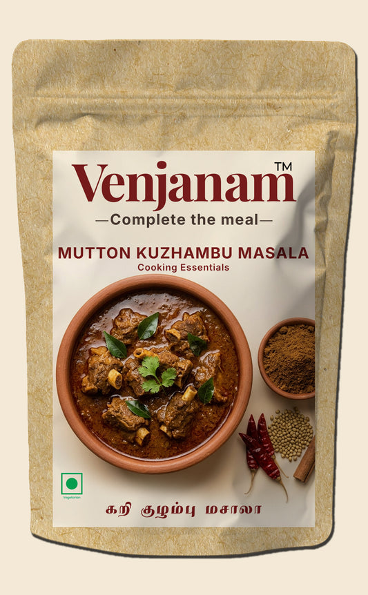 Venjanam Mutton Kuzhambu Masala packaging with a bowl of curry and spices on a beige background