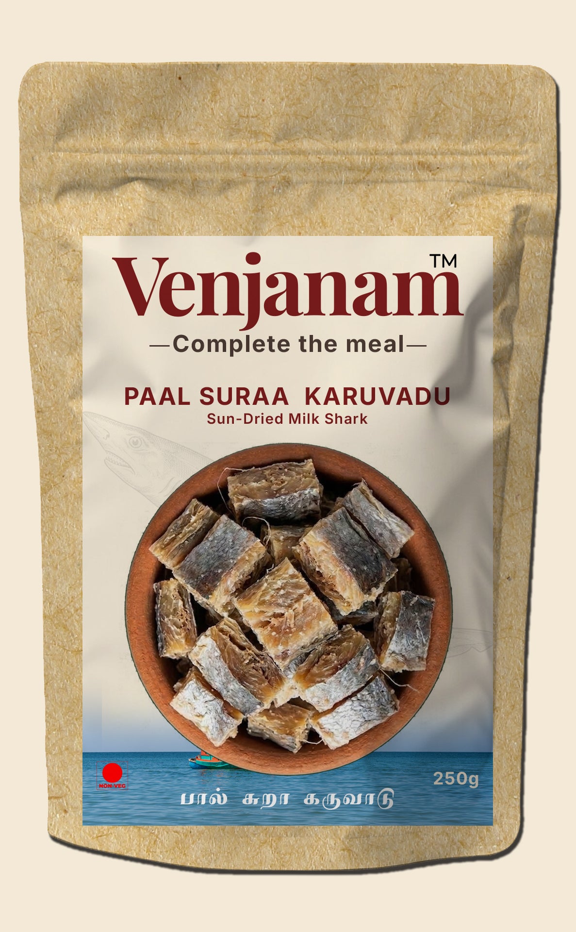 Venjanam Paal Suraa Karuvadu sun-dried milk shark packaging on a beige background