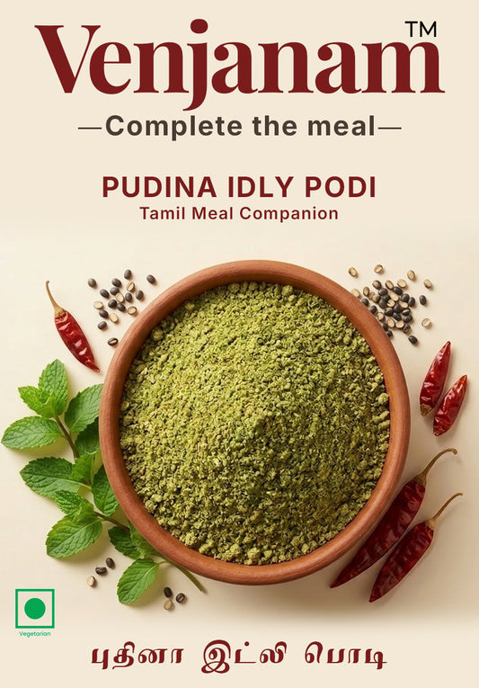 Venjanam Pudina Idly Podi with ingredients on a beige background