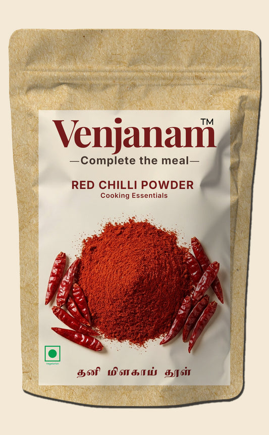 Venjanam red chilli powder packaging on a beige background
