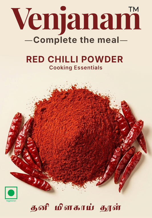 Red chilli powder with red chillies on a beige background, branded as Venjanam.