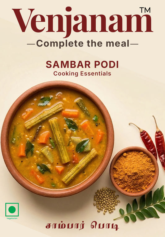 Venjanam Sambar Podi packaging with a bowl of sambar and spices on a beige background