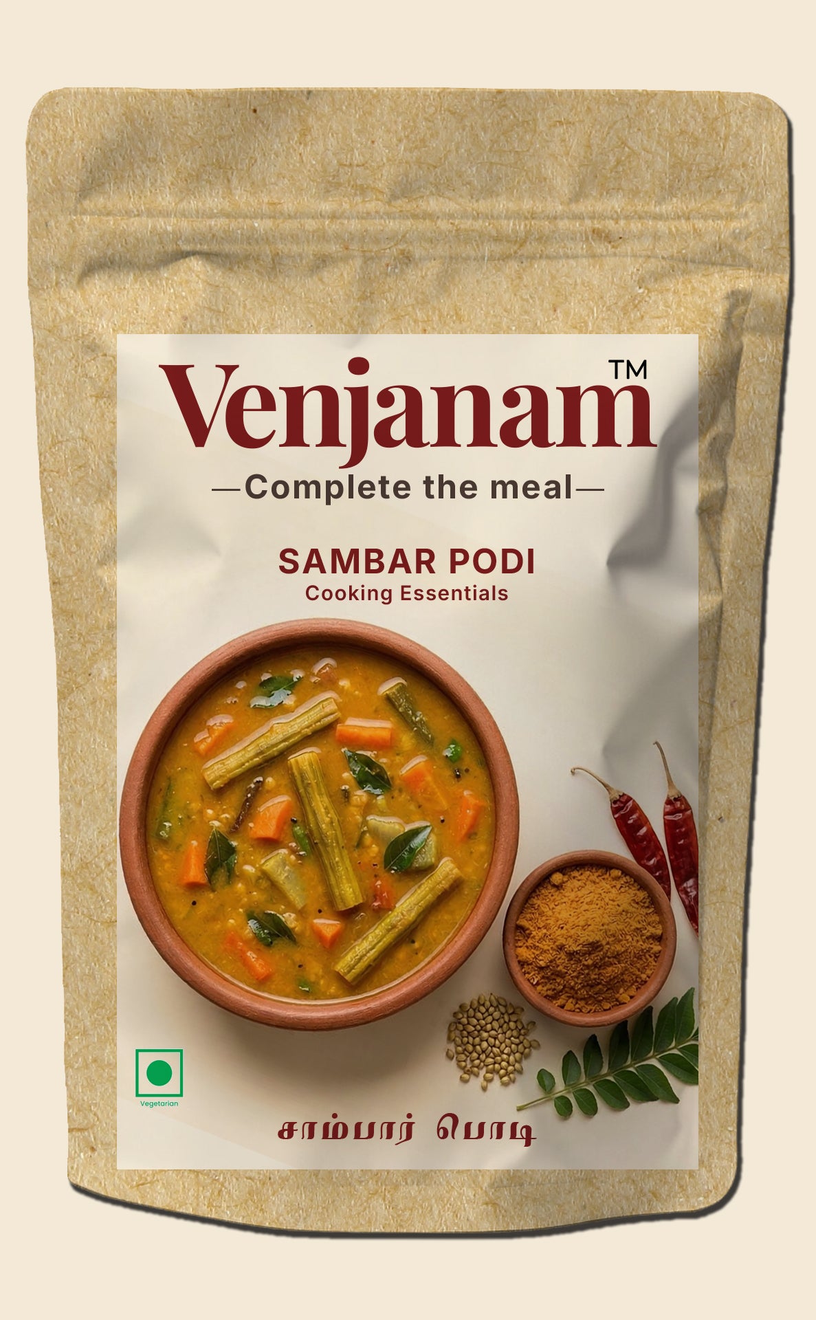 Venjanam Sambar Podi packaging with a bowl of sambar and spices on a beige background