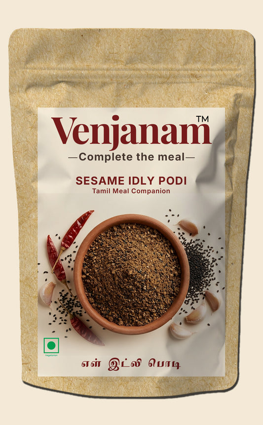 Venjanam Sesame Idly Podi packaging with a beige background