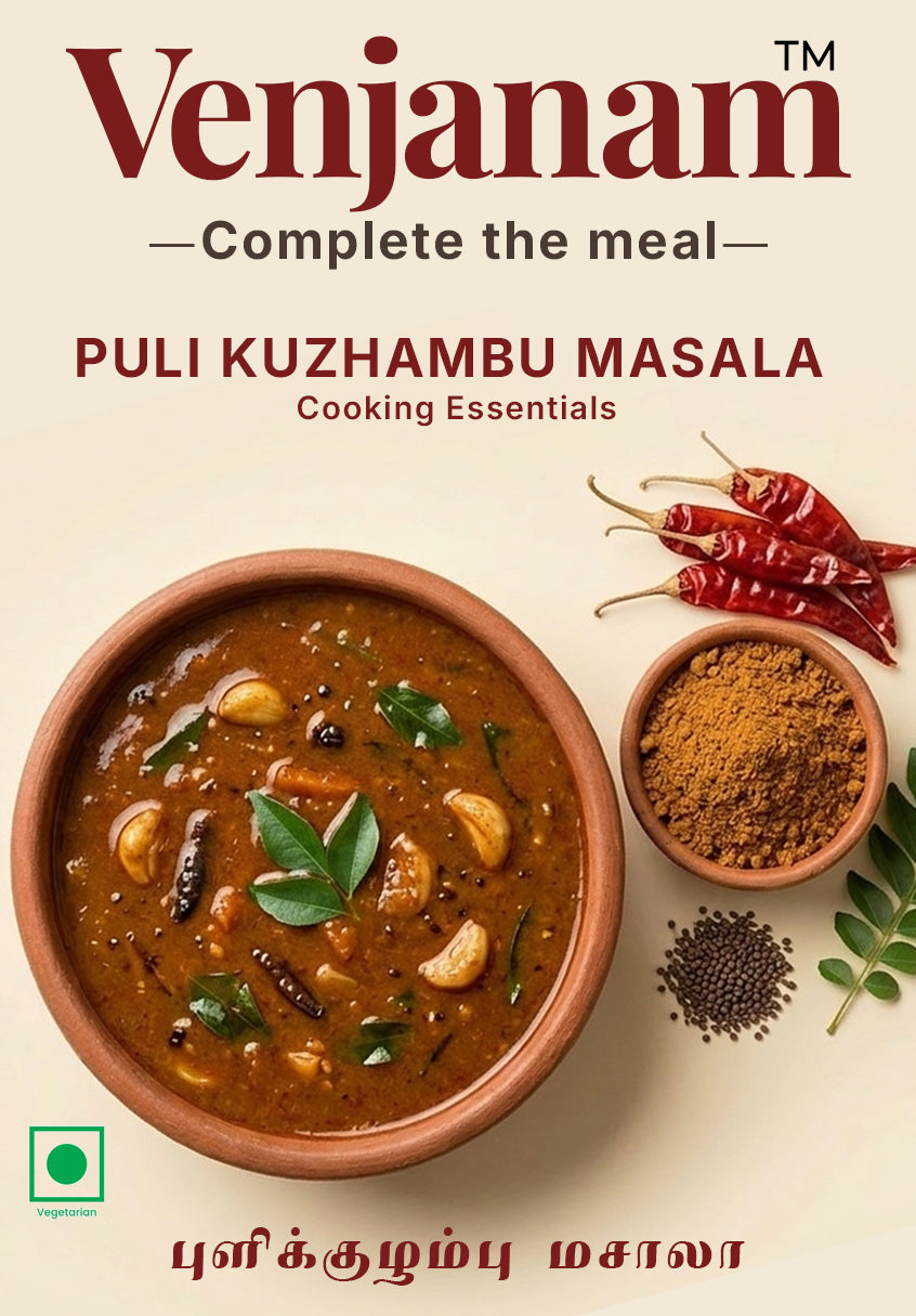 Venjanam Puli Kuzhambu Masala packaging with a bowl of curry and spices on a light background