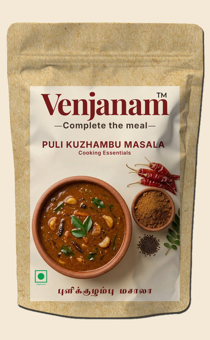 Venjanam Puli Kuzhambu Masala packaging with a bowl of curry and spices on a beige background