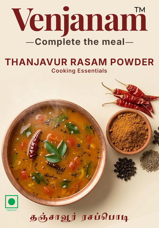 Venjanam Thanjavur Rasam Powder packaging with a bowl of rasam and spices on a beige background